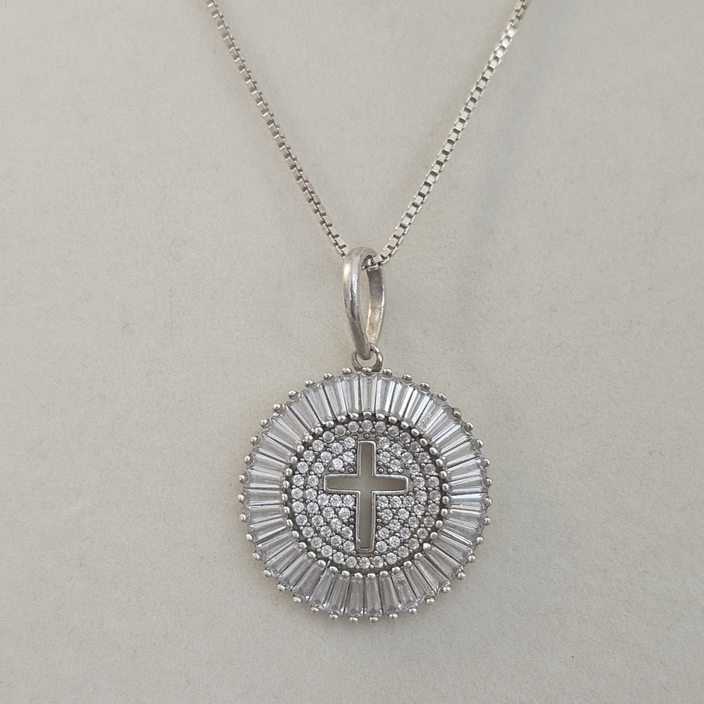 Sterling Silver Baguette & Round CZ Cut-Out Cross Medallion Pendant Necklace